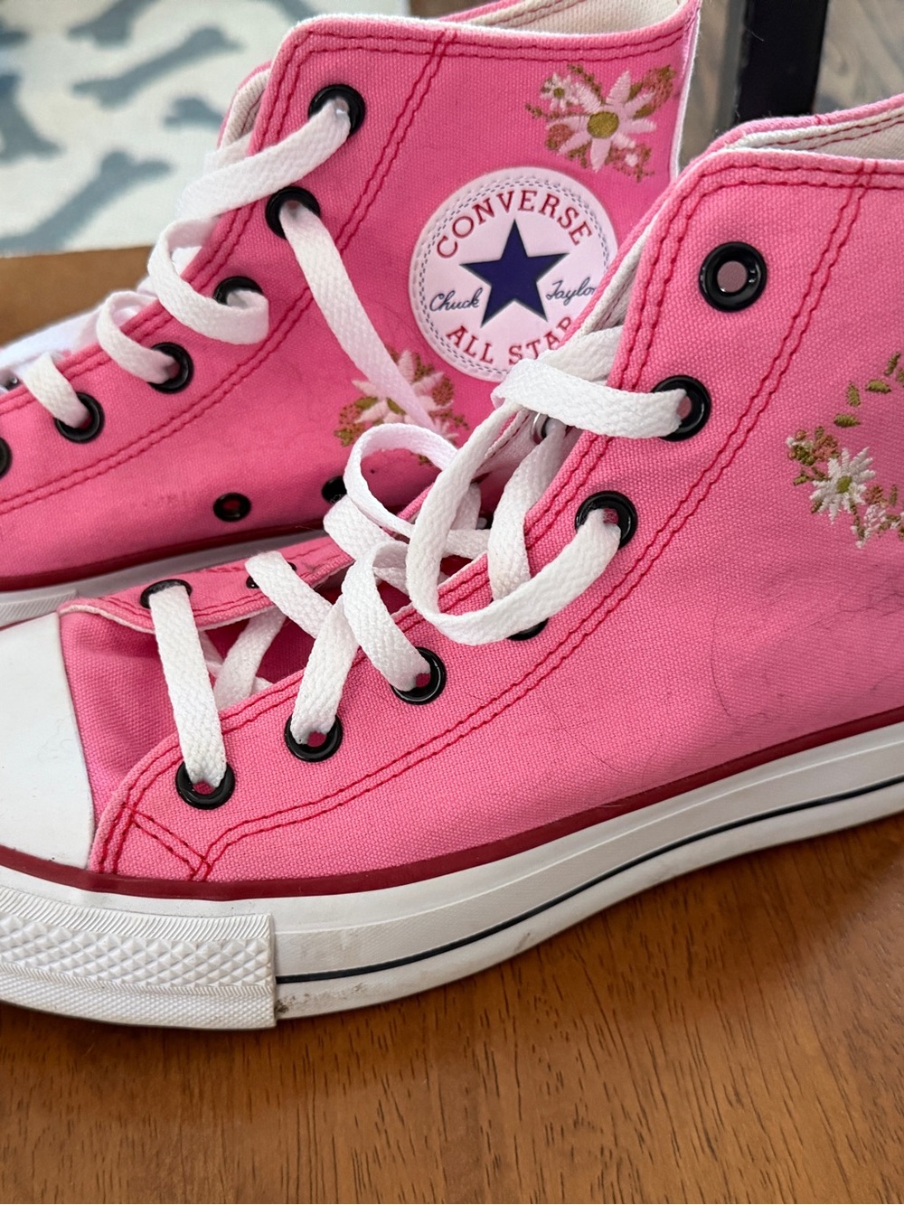 Converse Pink High Top Kids Sneakers with Floral Embroidery